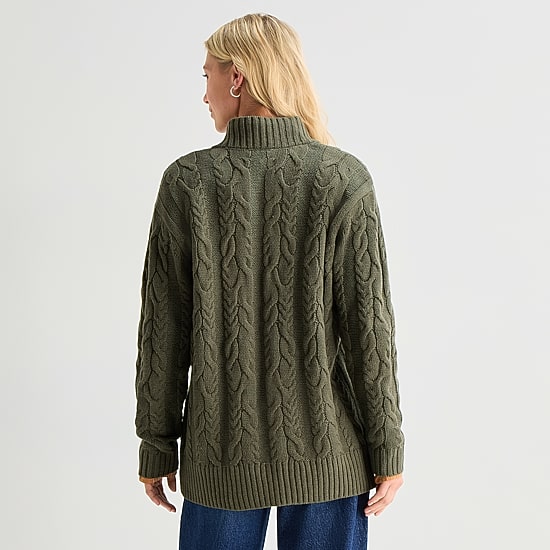 St. John's Bay Womens Long Sleeve Open Front Petite Cable Knit Cardigan