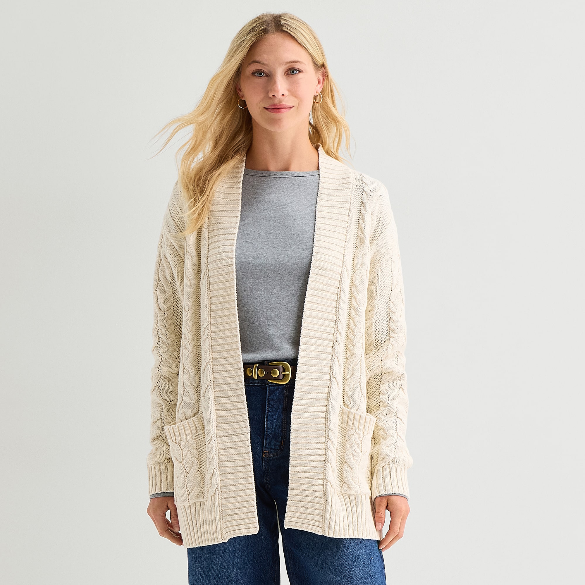 St. John's Bay Womens Long Sleeve Open Front Petite Cable Knit Cardigan