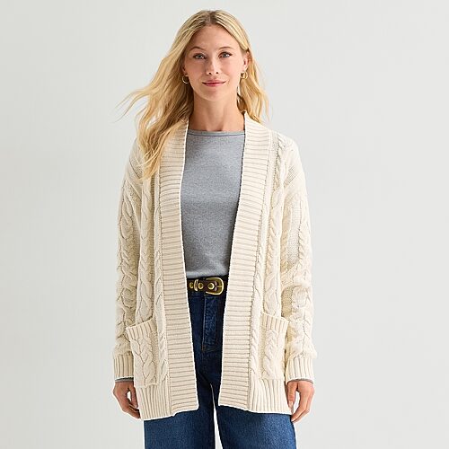 St. John's Bay Womens Long Sleeve Open Front Petite Cable Knit Cardigan In Beige