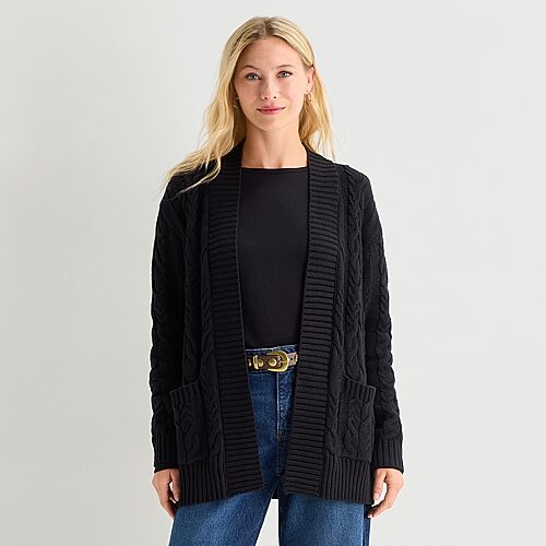 St. John's Bay Womens Long Sleeve Open Front Petite Cable Knit Cardigan In Black