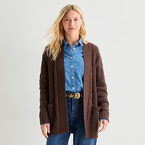 St. John's Bay Womens Long Sleeve Open Front Petite Cable Knit Cardigan In Brown