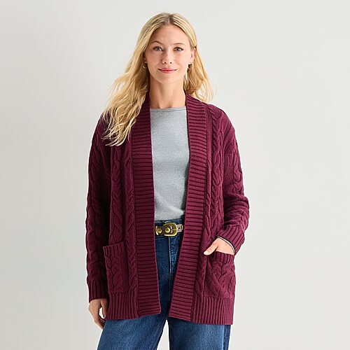 St. John's Bay Womens Long Sleeve Open Front Petite Cable Knit Cardigan In Red