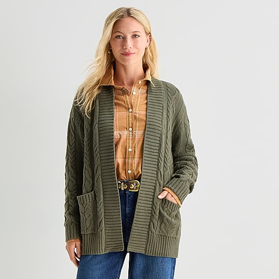 St. John's Bay Womens Long Sleeve Open Front Petite Cable Knit Cardigan