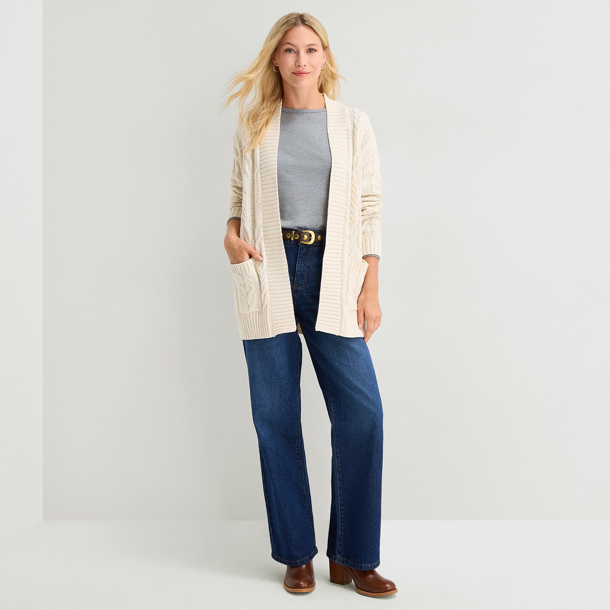 St. John's Bay Womens Long Sleeve Open Front Petite Cable Knit Cardigan