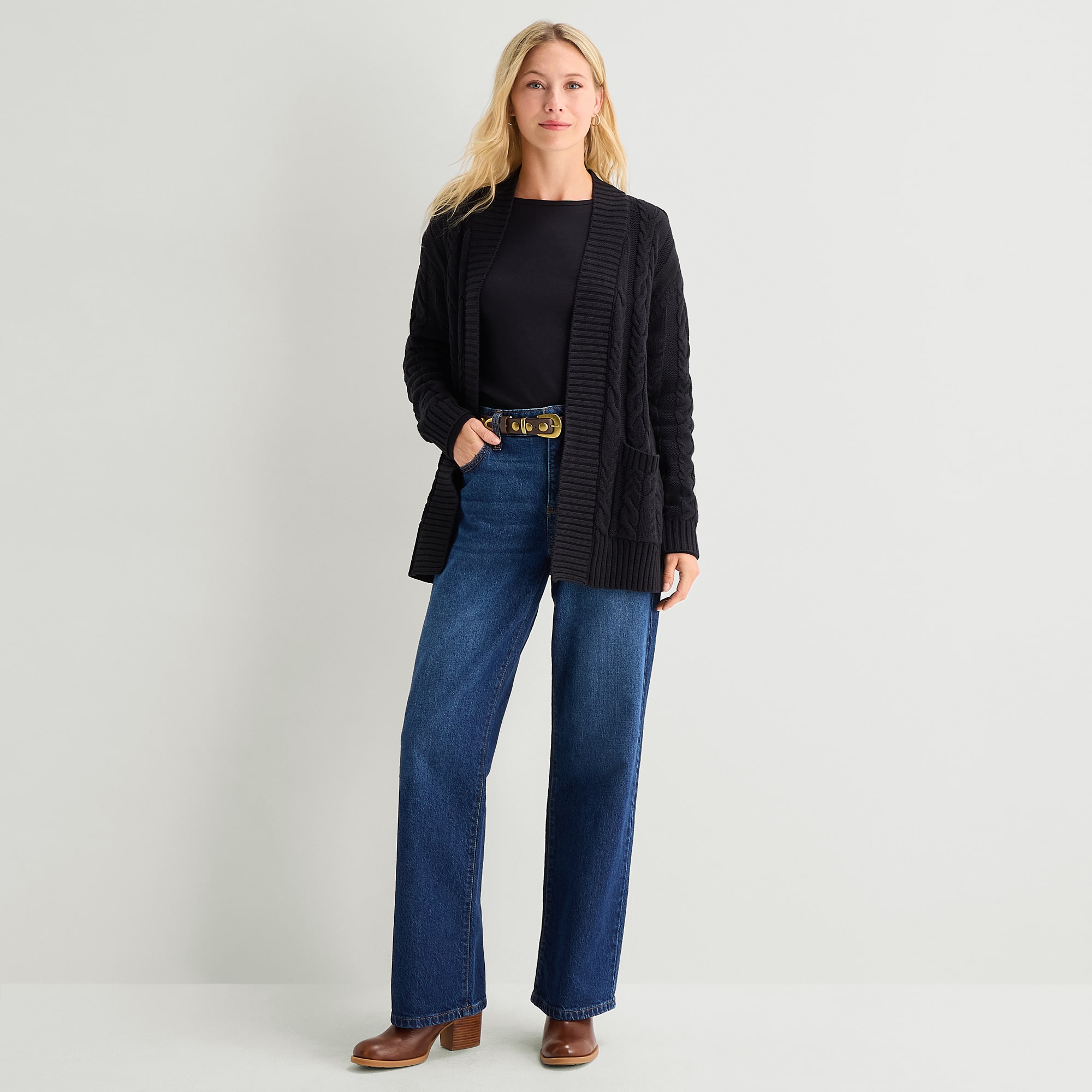 St. John's Bay Womens Long Sleeve Open Front Petite Cable Knit Cardigan