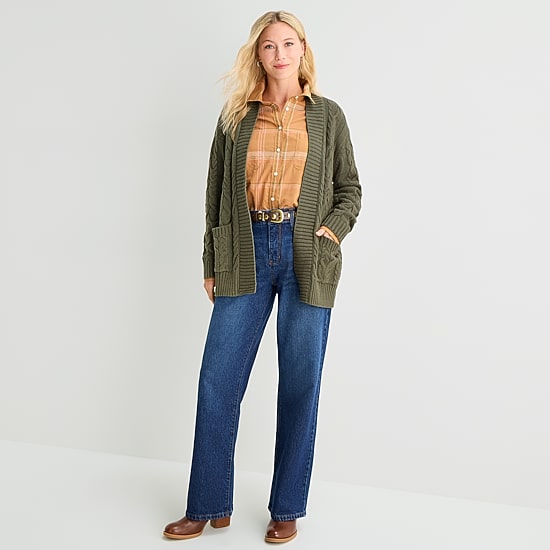St. John's Bay Womens Long Sleeve Open Front Petite Cable Knit Cardigan