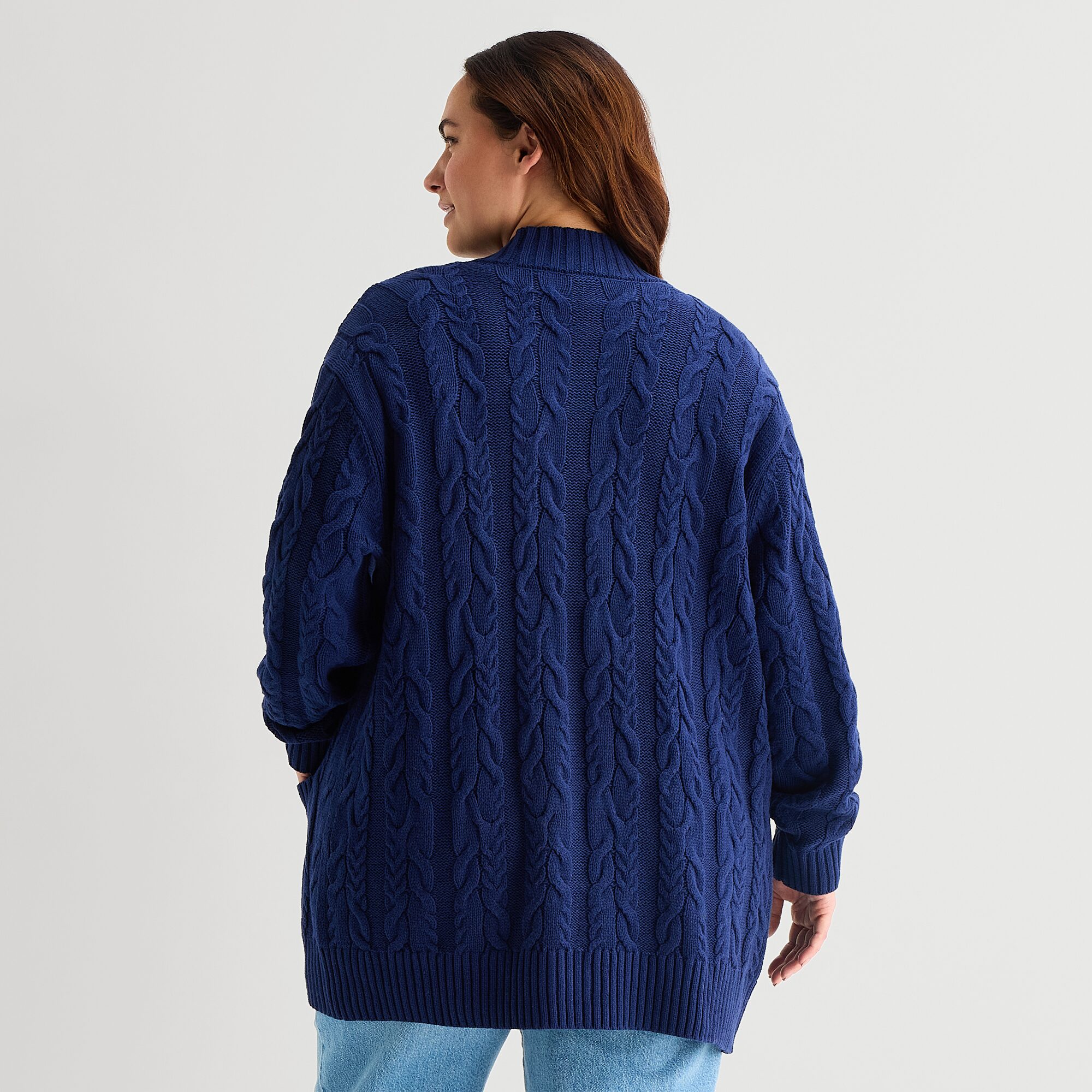 St. John's Bay Womens Long Sleeve Open Front Plus Cable Knit Cardigan