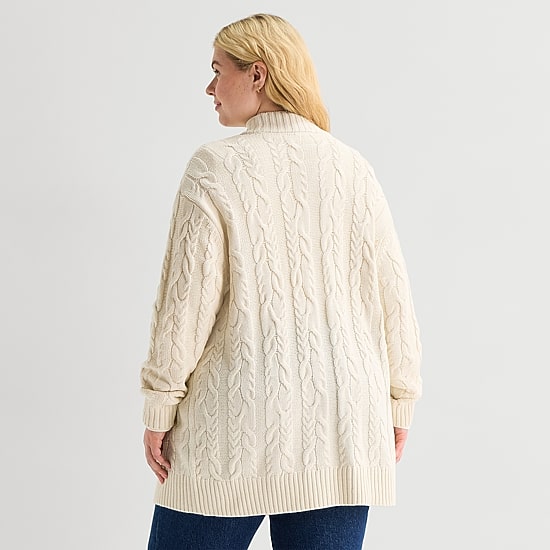 St. John's Bay Womens Long Sleeve Open Front Plus Cable Knit Cardigan