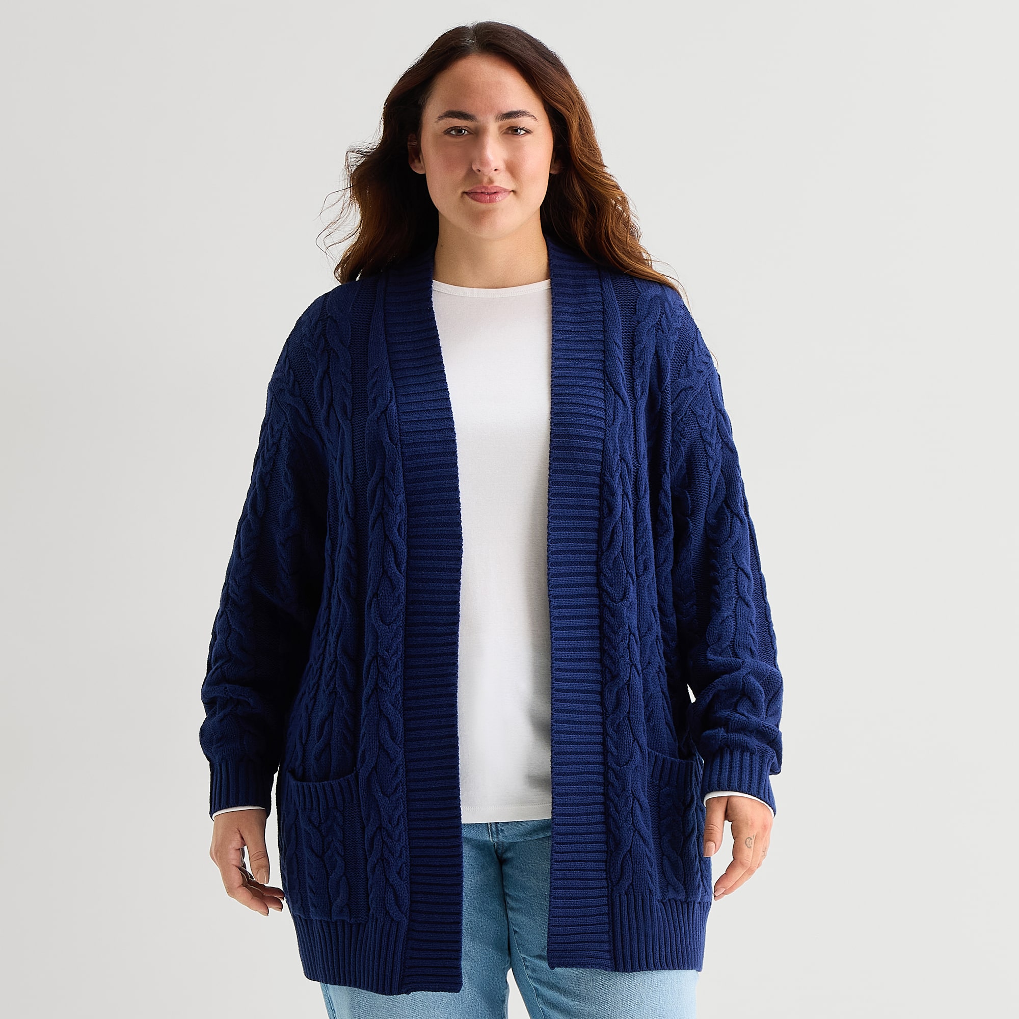 St. John's Bay Womens Long Sleeve Open Front Plus Cable Knit Cardigan