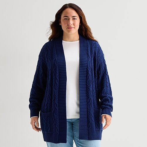 St. John's Bay Womens Long Sleeve Open Front Plus Cable Knit Cardigan In Blue