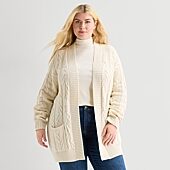 St. John's Bay Womens Long Sleeve Open Front Plus Cable Knit Cardigan