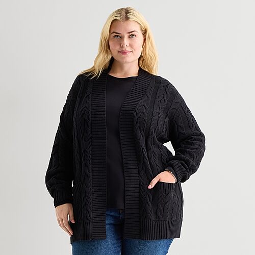 St. John's Bay Womens Long Sleeve Open Front Plus Cable Knit Cardigan In Black