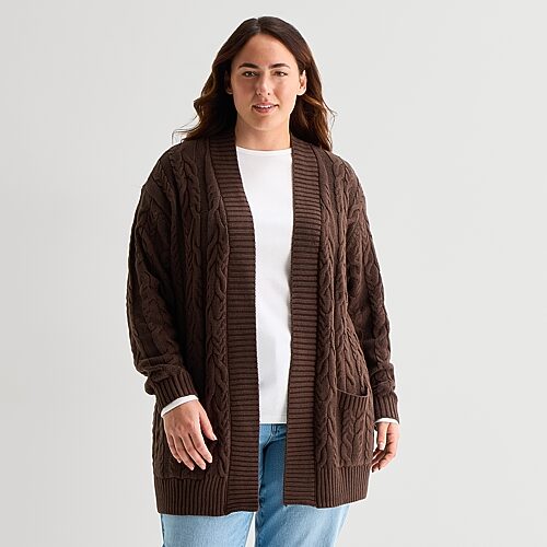 St. John's Bay Womens Long Sleeve Open Front Plus Cable Knit Cardigan In Brown