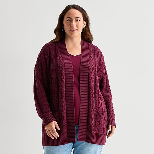 St. John's Bay Womens Long Sleeve Open Front Plus Cable Knit Cardigan In Red