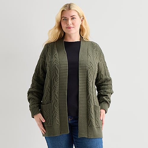 St. John's Bay Womens Long Sleeve Open Front Plus Cable Knit Cardigan In Green