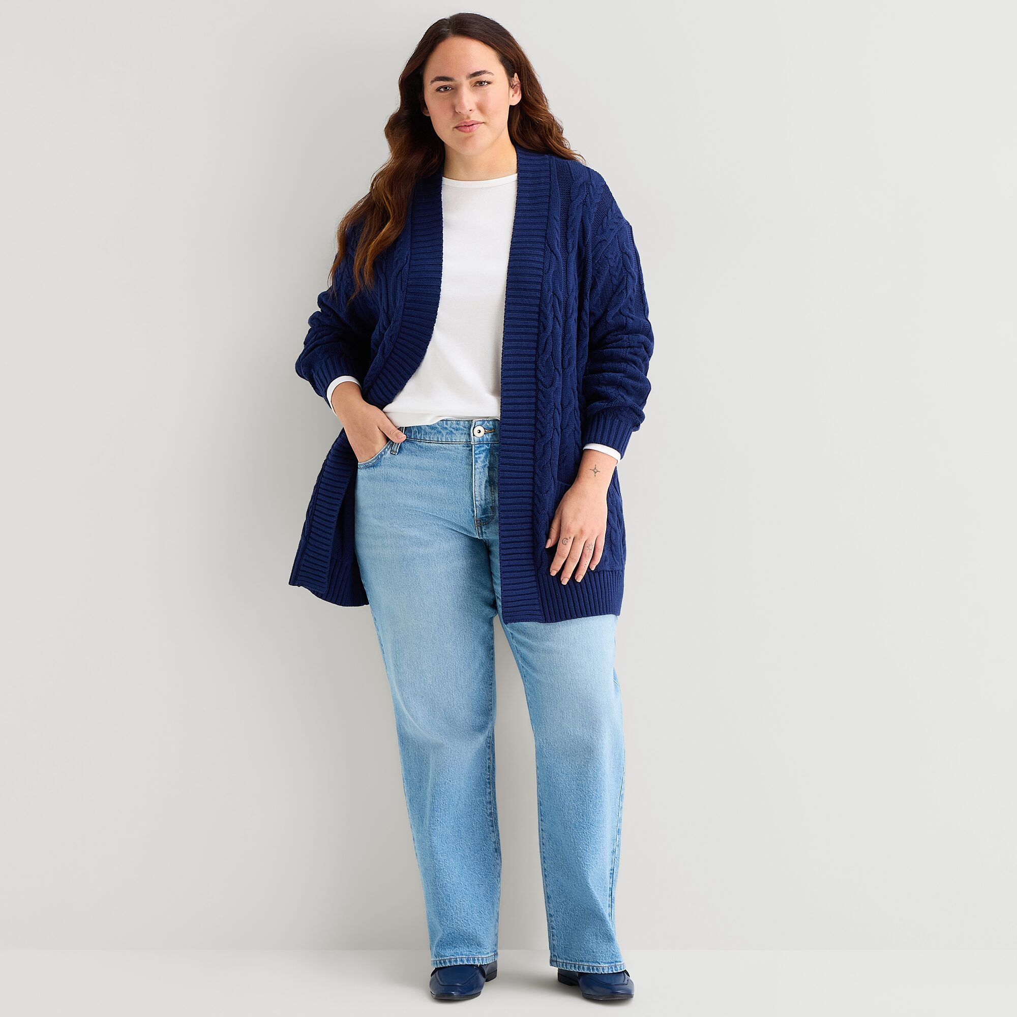 St. John's Bay Womens Long Sleeve Open Front Plus Cable Knit Cardigan