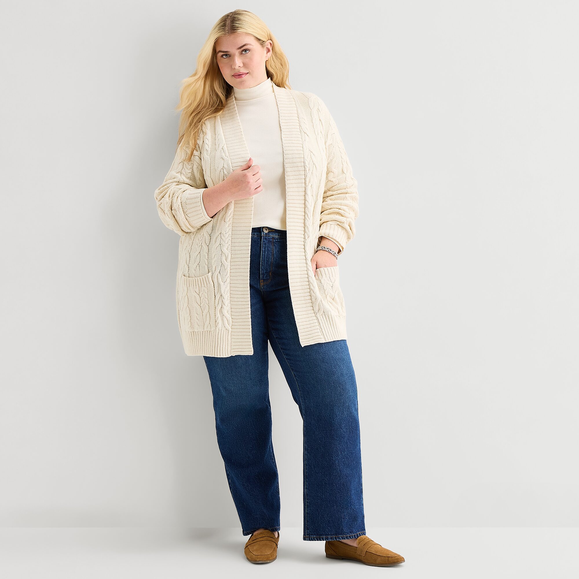 St. John's Bay Womens Long Sleeve Open Front Plus Cable Knit Cardigan