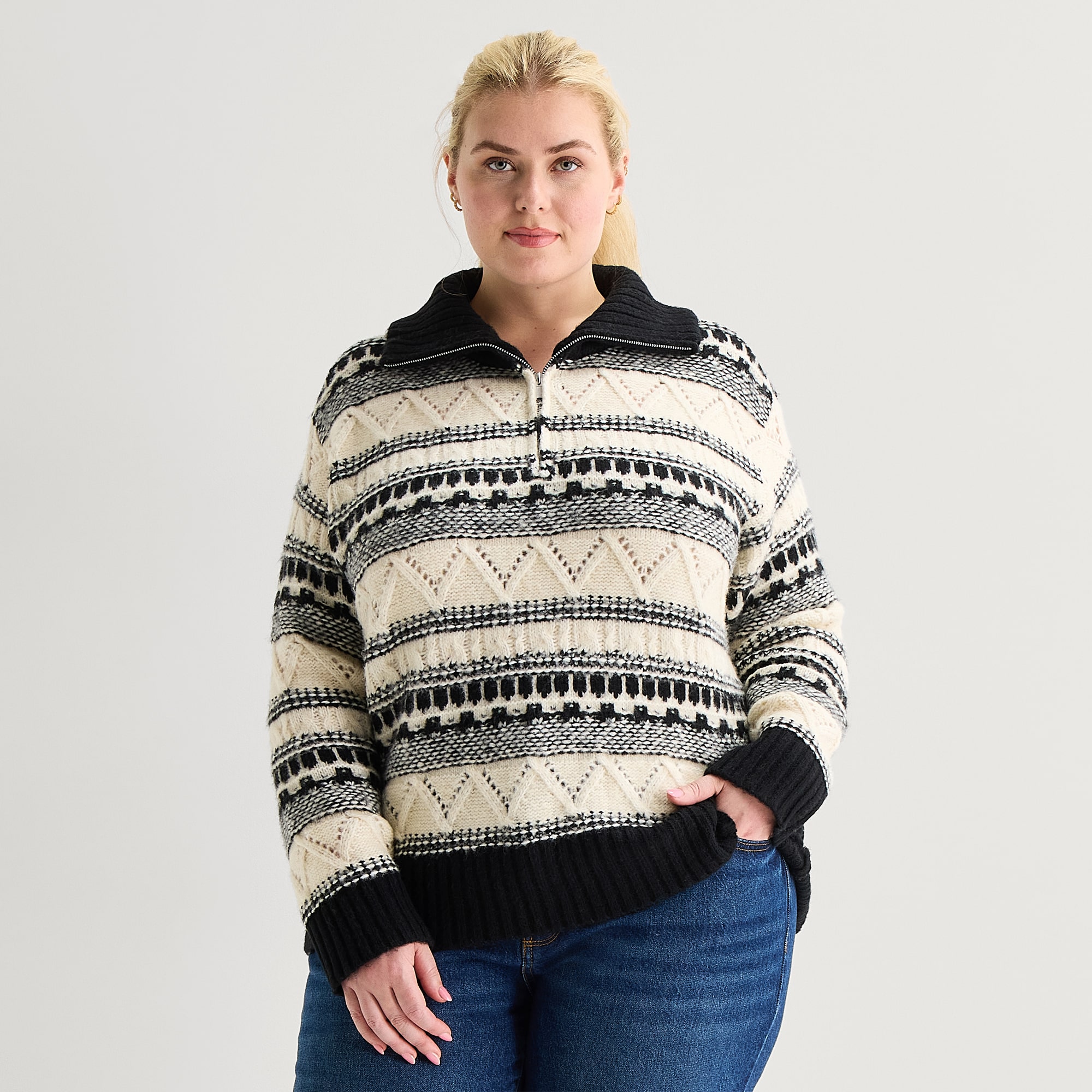 St. John's Bay Womens Long Sleeve Plus Striped Quarter-Zip Pullover Sweater