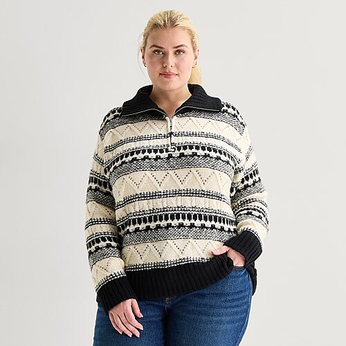St. John's Bay Womens Long Sleeve Plus Striped Quarter-zip Pullover Sweater In Gray