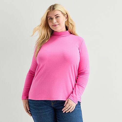 St. John's Bay Womens Plus Mock Neck Long Sleeve T-shirt In Pink