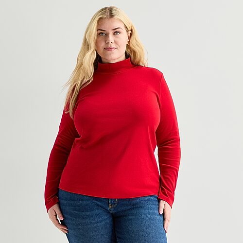 St. John's Bay Womens Plus Mock Neck Long Sleeve T-shirt In Red