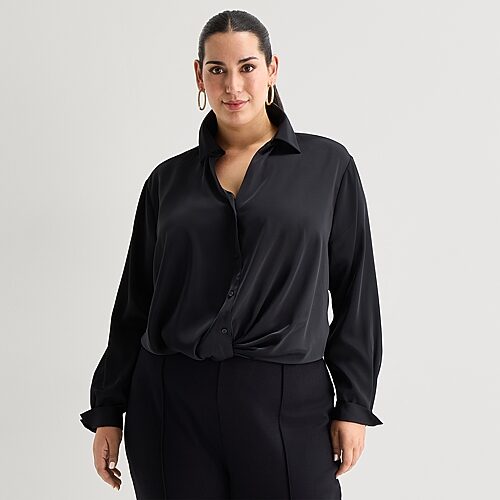 Bold Elements Womens Plus Long Sleeve Satin Blouse In Black
