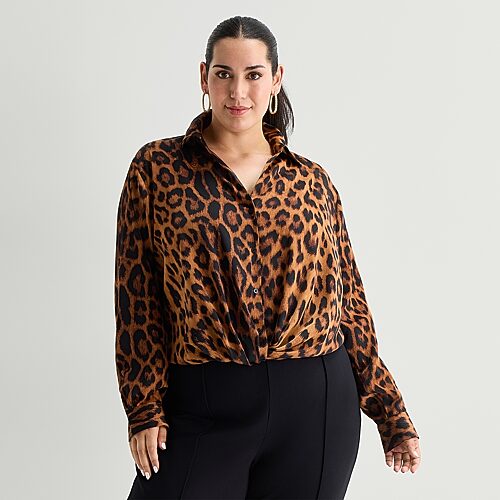 Bold Elements Womens Plus Long Sleeve Satin Blouse In Brown
