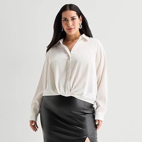 Bold Elements Womens Plus Long Sleeve Satin Blouse In White
