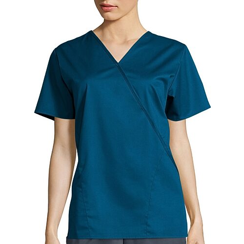 Wink Wonderwork Mock Wrap Womens V Neck Short Sleeve Tag Free Scrub Top In Blue