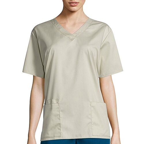 Wink Wonderwork Womens V Neck Short Sleeve Tag Free Scrub Top, Small, Beige