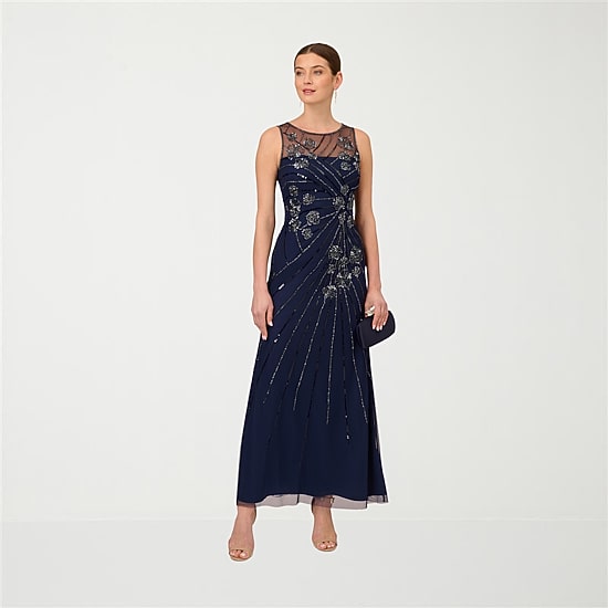 Papell Boutique Womens Round Neck Sleeveless Beaded Embellished Evening Gown