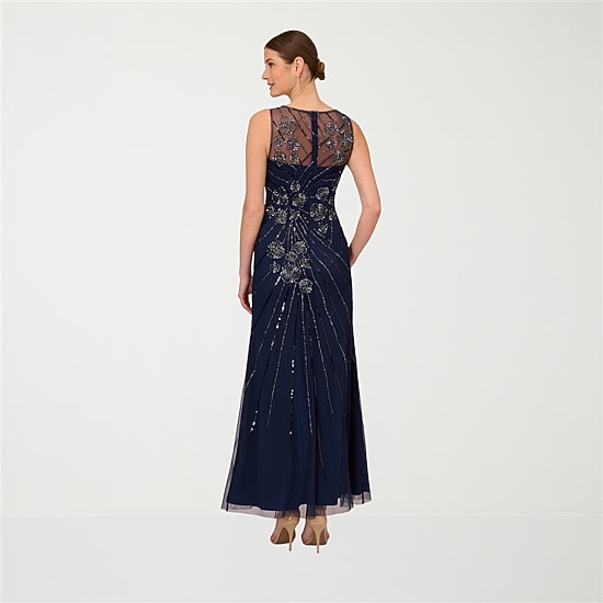Papell Boutique Womens Round Neck Sleeveless Beaded Embellished Evening Gown