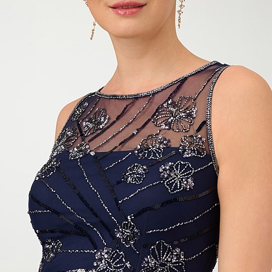 Papell Boutique Womens Round Neck Sleeveless Beaded Embellished Evening Gown