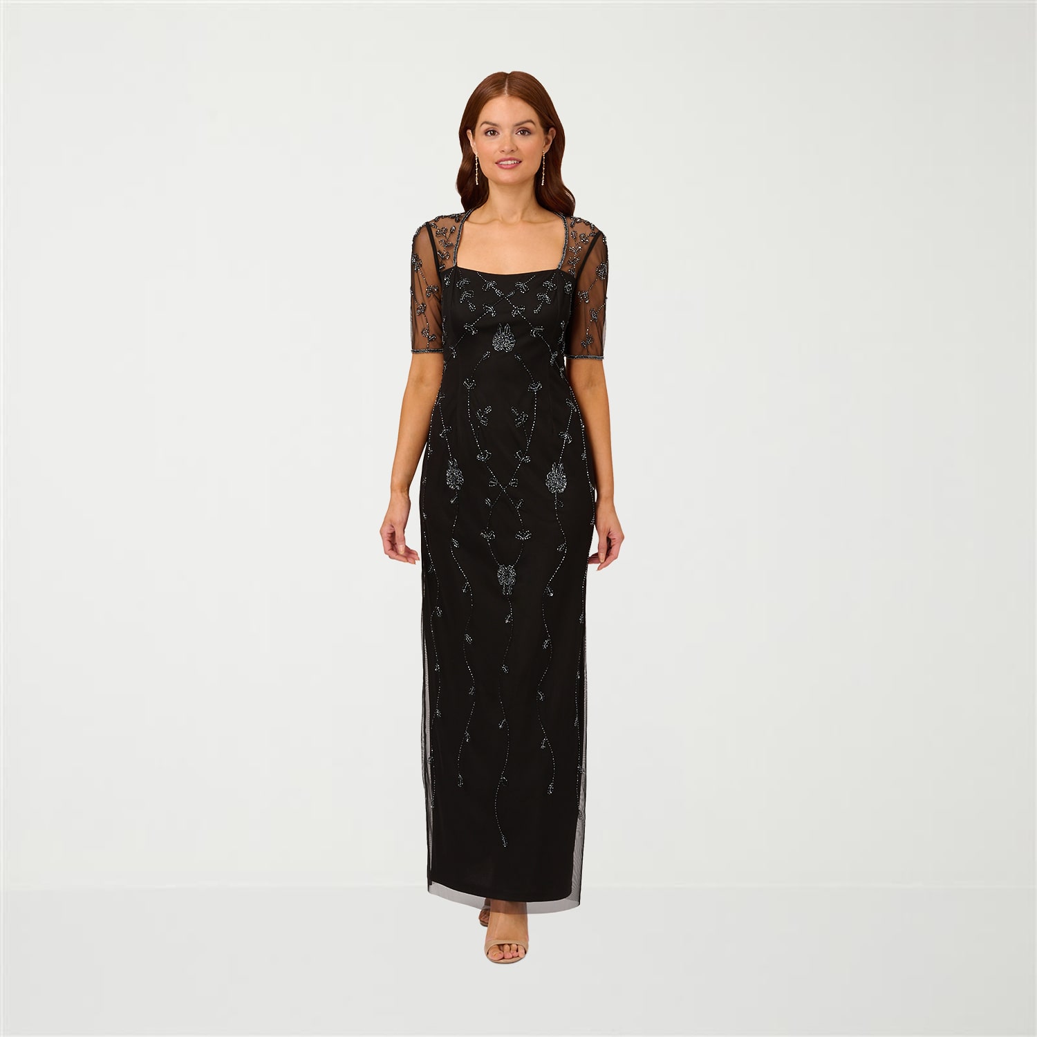 Papell Boutique Womens Square Neck 3/4 Sleeve Fitted Beaded Embellished Evening Gown
