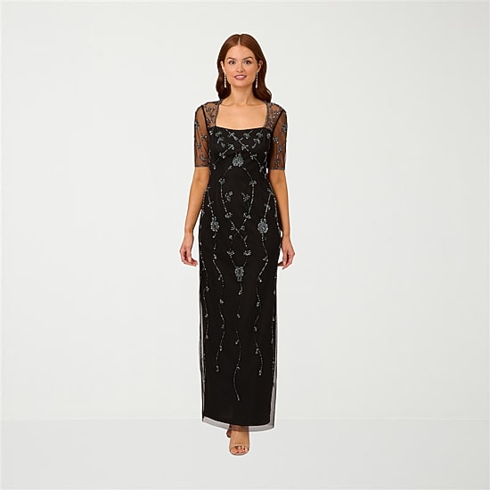 Papell Boutique Womens Square Neck 3/4 Sleeve Fitted Beaded Embellished Evening Gown