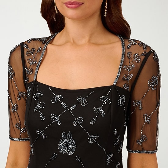 Papell Boutique Womens Square Neck 3/4 Sleeve Fitted Beaded Embellished Evening Gown