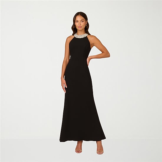 Papell Boutique Womens Halter Neck Sleeveless Embellished Evening Gown