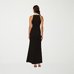jcpenney black maxi dress Premier Amour Women's Straight Neck Long Sleeve Off the Shoulder Pearl Trim Evening Gown, Stretch Fabric, Formal, 10, Black