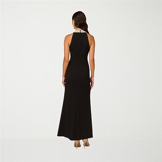 Papell Boutique Womens Halter Neck Sleeveless Embellished Evening Gown