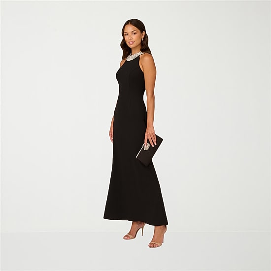 Papell Boutique Womens Halter Neck Sleeveless Embellished Evening Gown