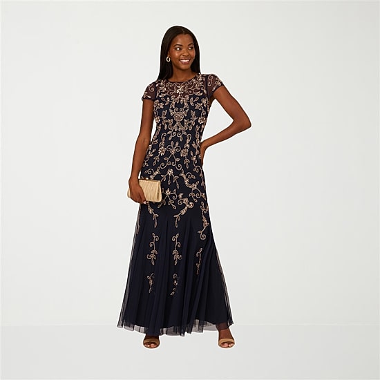 Papell Boutique Womens Round Neck Short Sleeve Cap Beaded Embellished Evening Gown