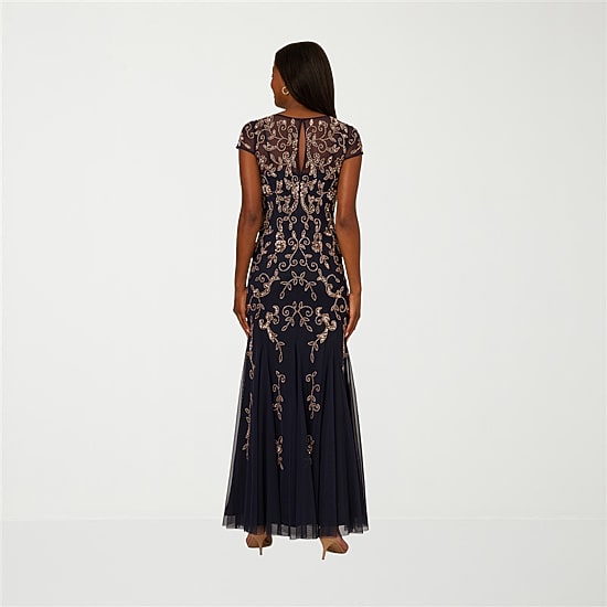 Papell Boutique Womens Round Neck Short Sleeve Cap Beaded Embellished Evening Gown