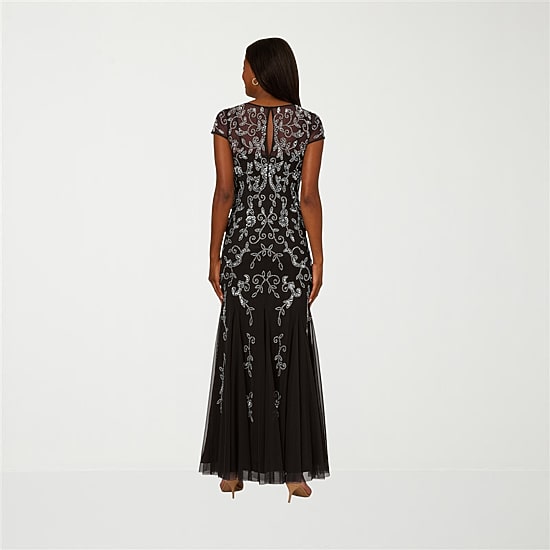 Papell Boutique Womens Round Neck Short Sleeve Cap Beaded Embellished Evening Gown