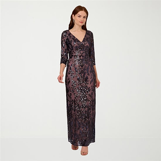 Papell Boutique Womens V Neck 3/4 Sleeve Fitted Beaded Embellished Evening Gown