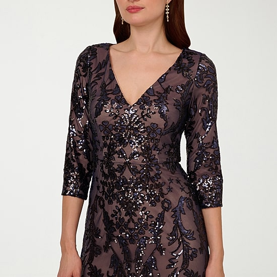 Papell Boutique Womens V Neck 3/4 Sleeve Fitted Beaded Embellished Evening Gown