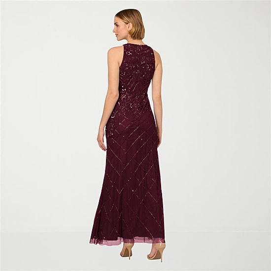 Papell Boutique Womens Round Neck Sleeveless Beaded Embellished Evening Gown