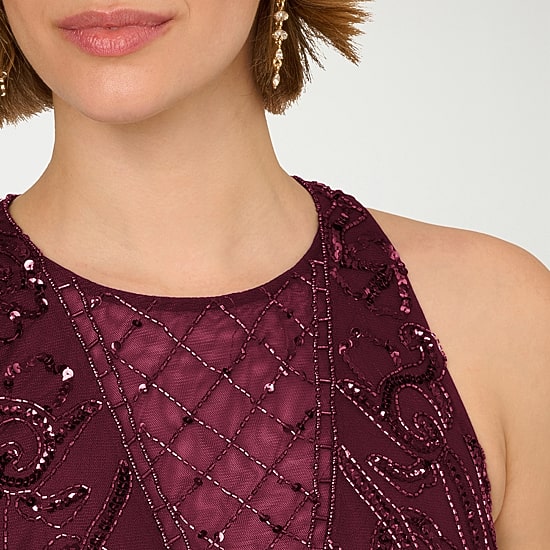 Papell Boutique Womens Round Neck Sleeveless Beaded Embellished Evening Gown