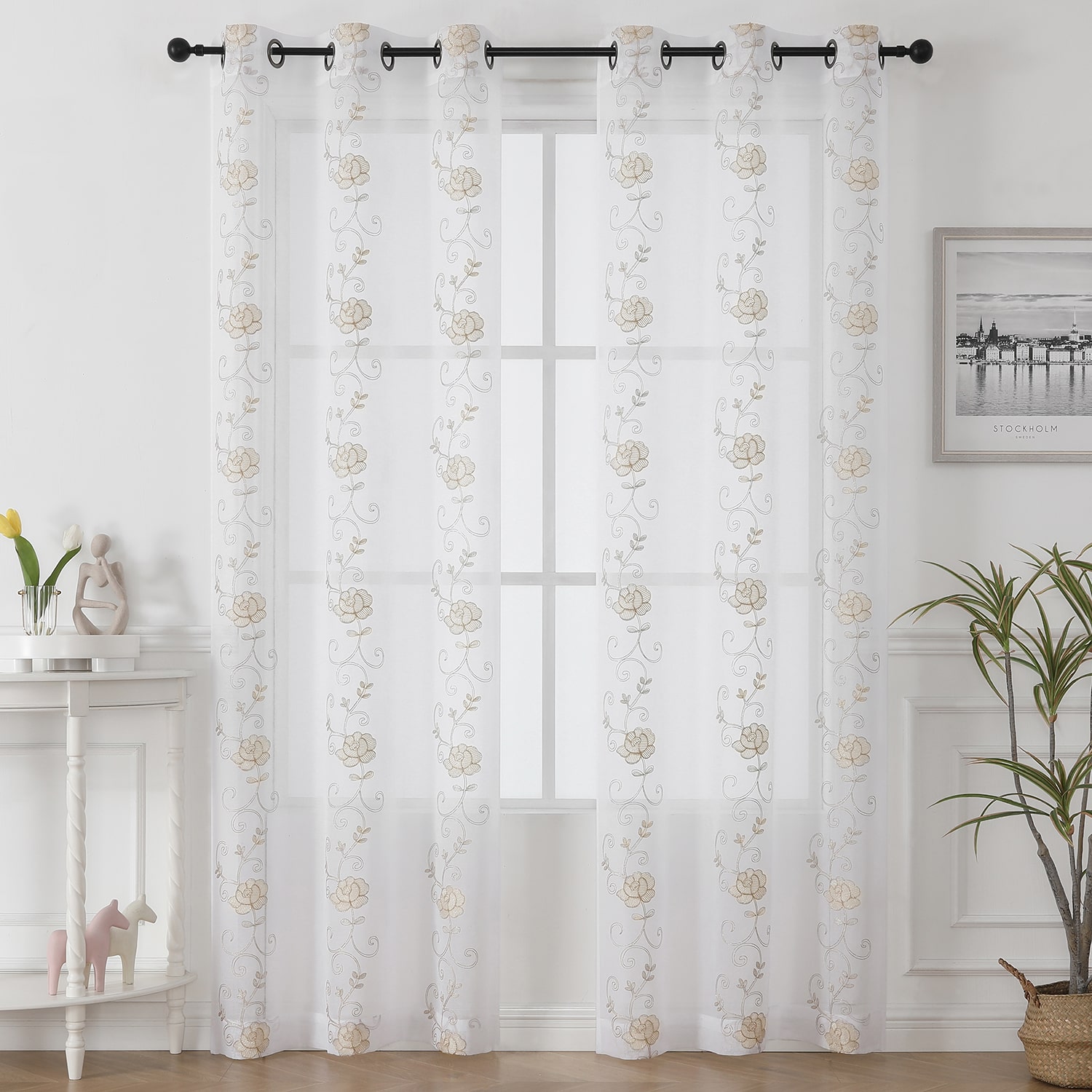 Runyan Embroidered Grommet Top Sheer Set of 2 Curtain Panel