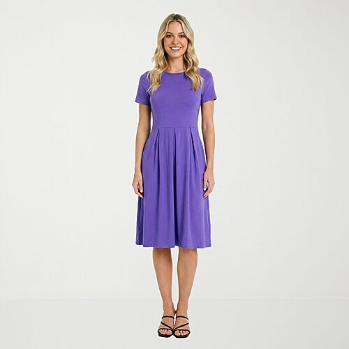 24seven Comfort Apparel Womens Midi Boat Neck Short Sleeve A-Line Dress, Small, Purple