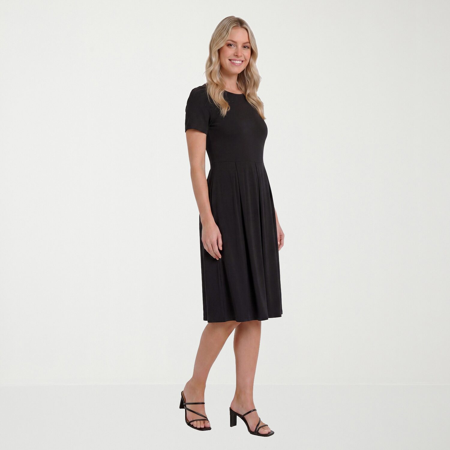 24seven Comfort Apparel Womens Midi Boat Neck Short Sleeve A-Line Dress